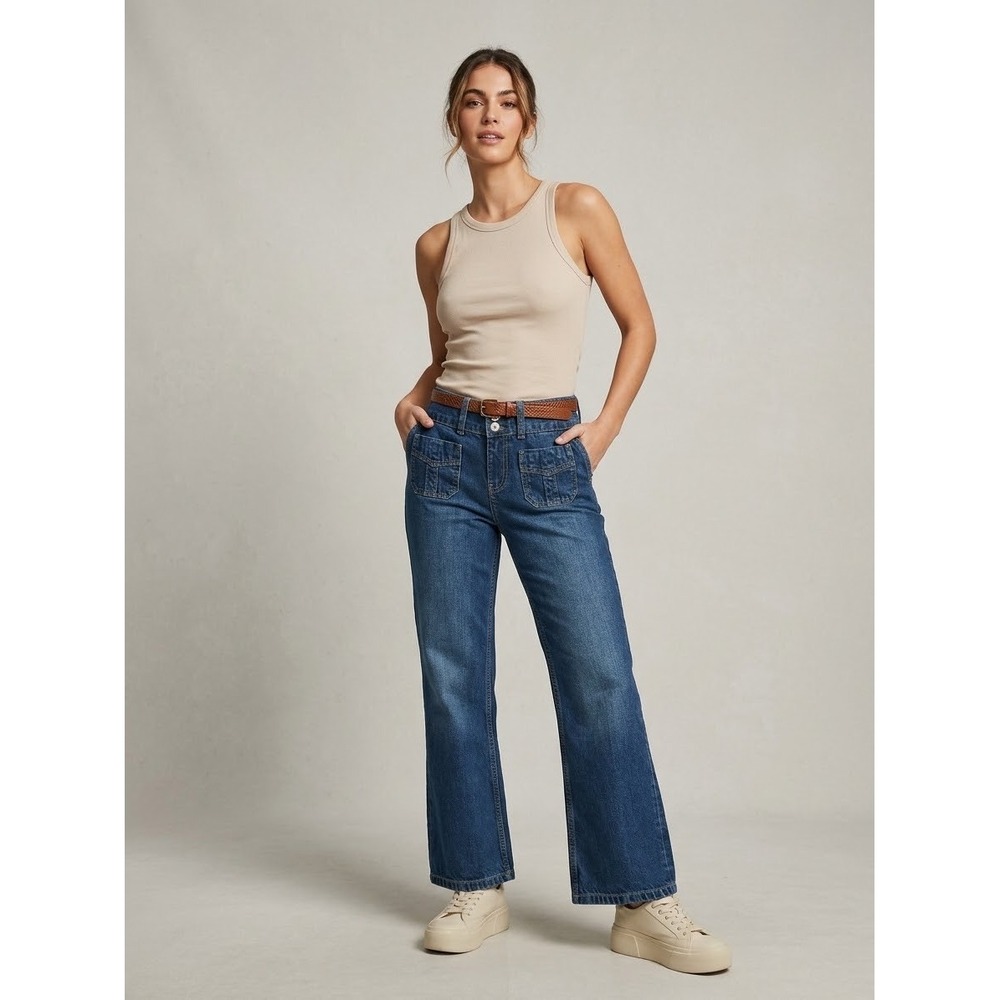 Zara Wide Leg Jeans Medium Wash Front Flap Pockets Blue 6045/011/401 Size 4